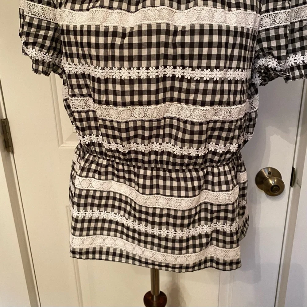 J. CREW NEW TOP BLOUSE BLACK WHITE GINGHAM CHECK LACE SHORT PUFF SLEEVE SIZE M